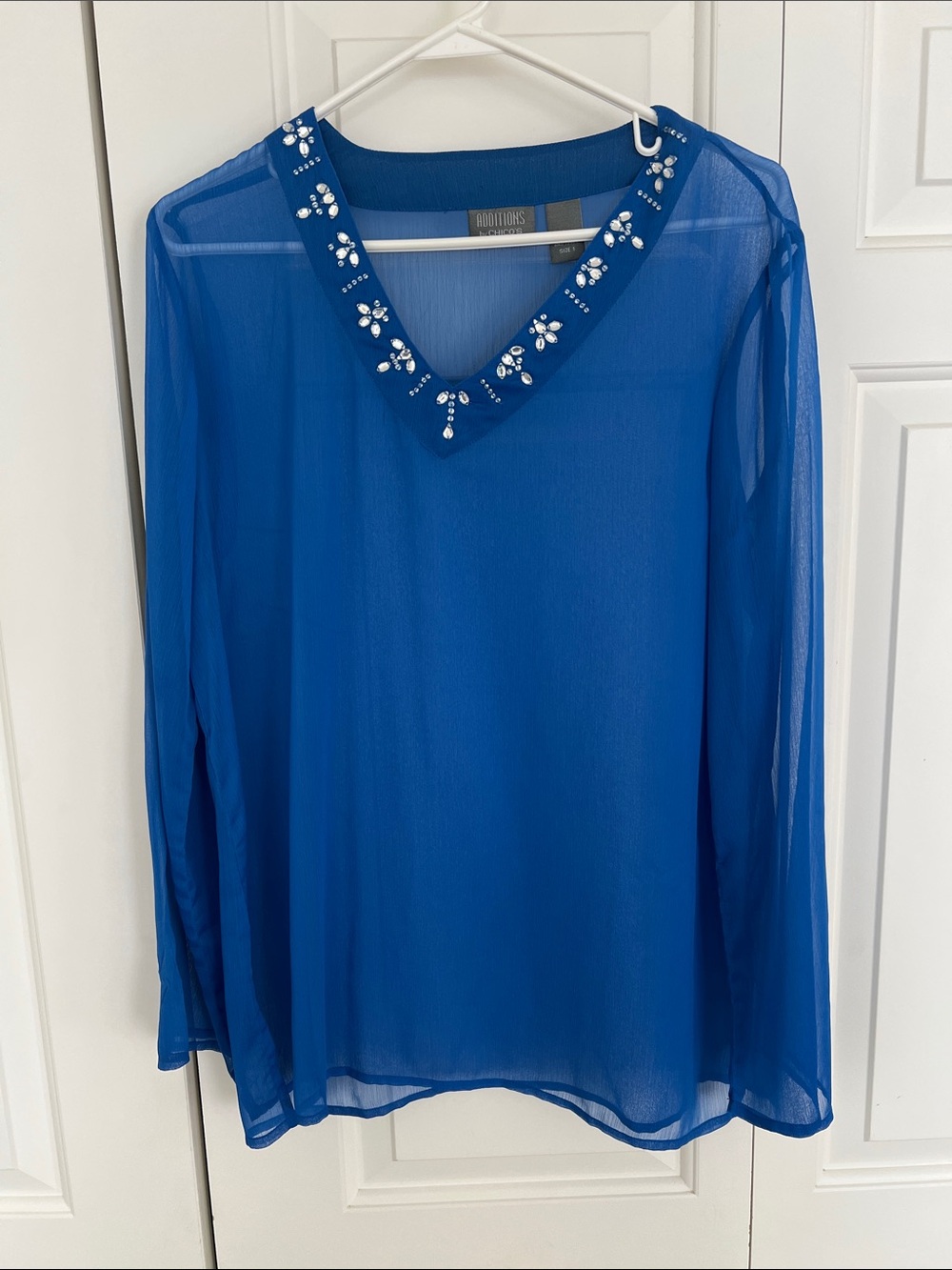 Chico's Royal Blue Sheer V-Neck Blouse with Jewel Accents